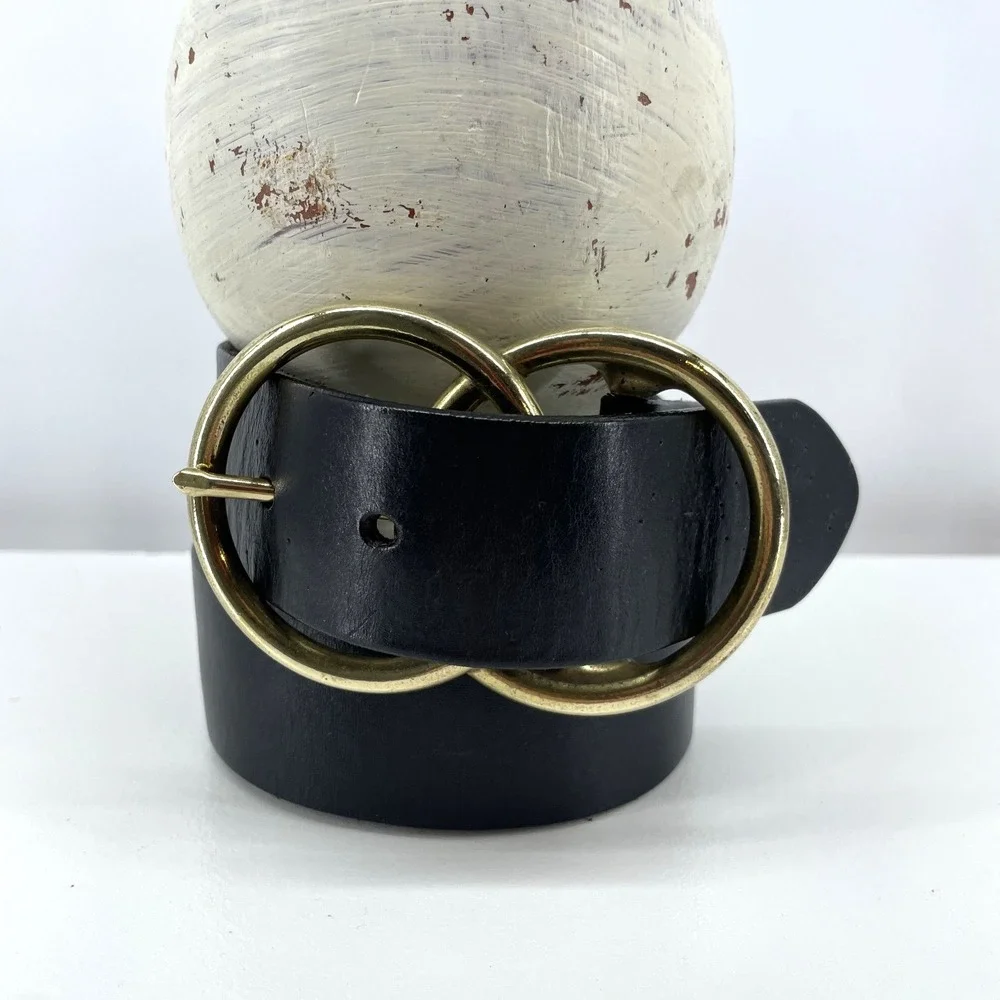 Black Leather Belt Double Ring Boho Artisan 1.5
